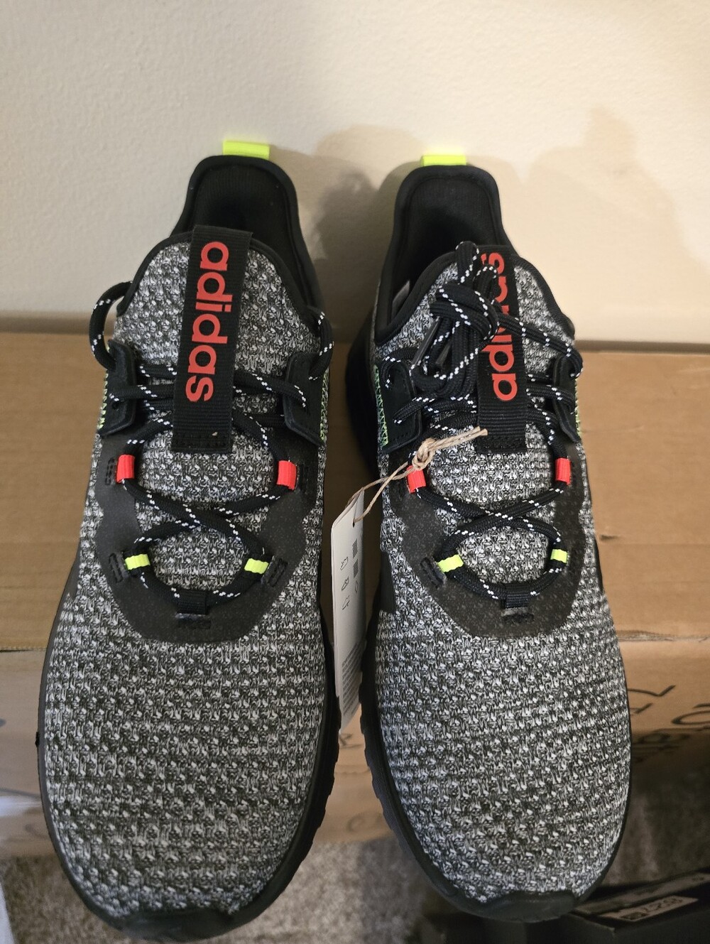 Adidas Womens Black and Gray Knit Sneakers with Neon Accents